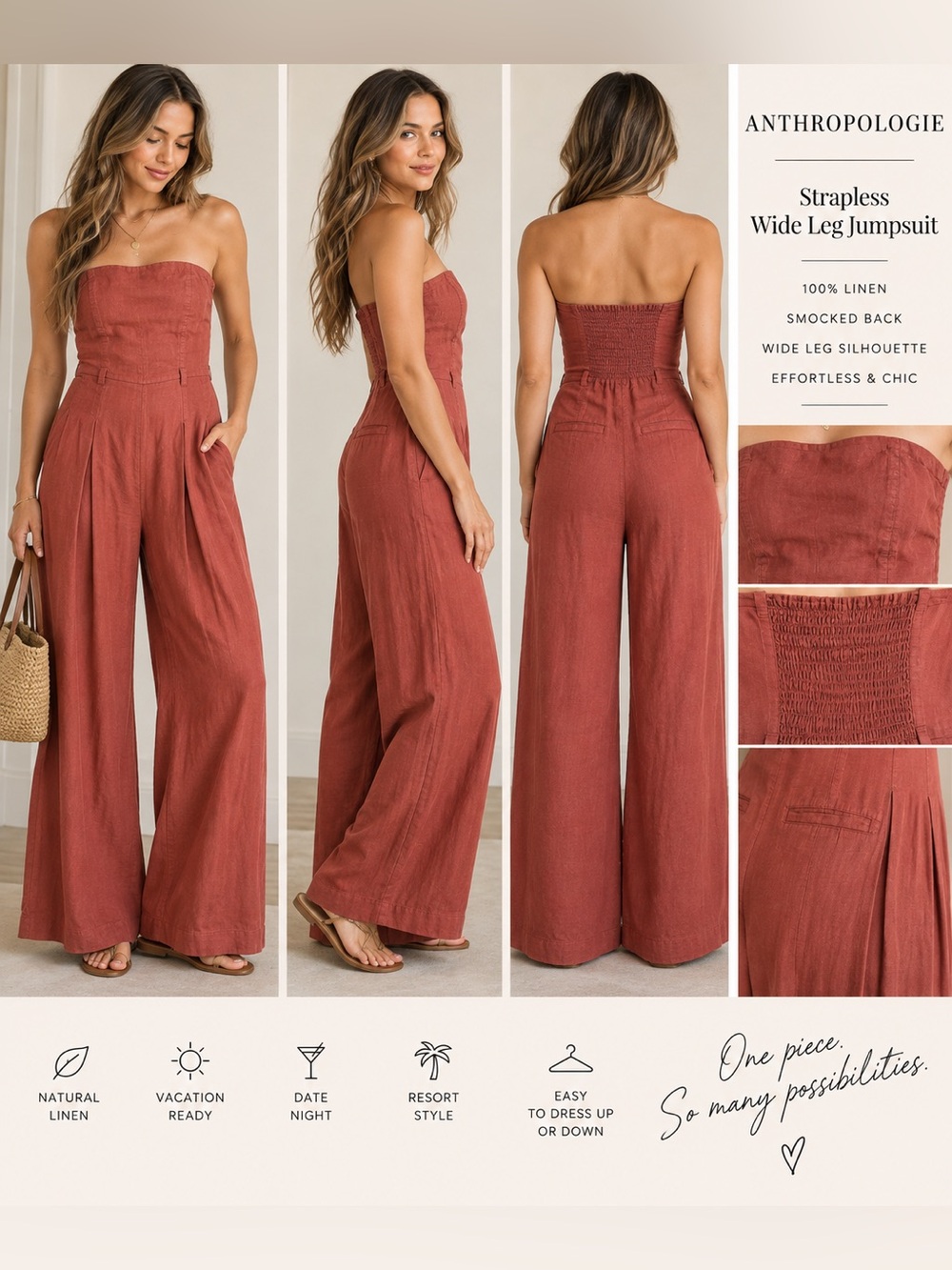 Anthropologie 100% Linen Strapless Wide Leg Jumpsuit Rust 6